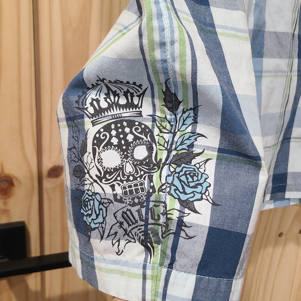 Micros Blue Plaid Skull and Roses Shorts Mens Beachy Punk 90s Size 33